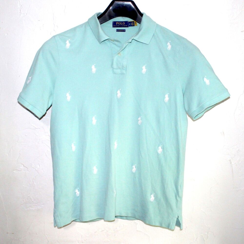 Ralph Lauren Polo Shirt M Classic Fit light blue embroidered logo pattern